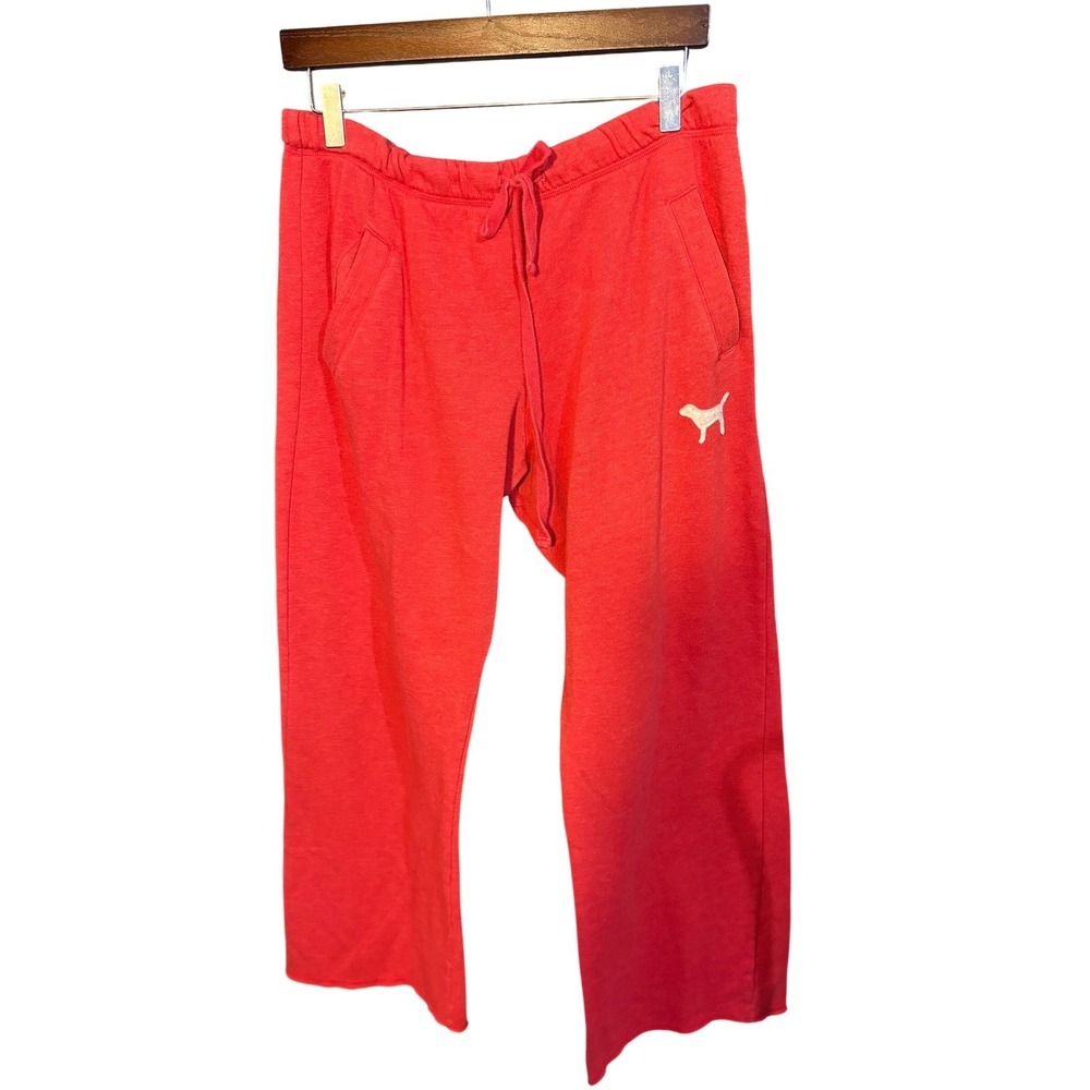 Y2K Victorias Secret PINK Sweatpants Coral Red Wide Leg Back Logo Pants M - Picture 2 of 6
